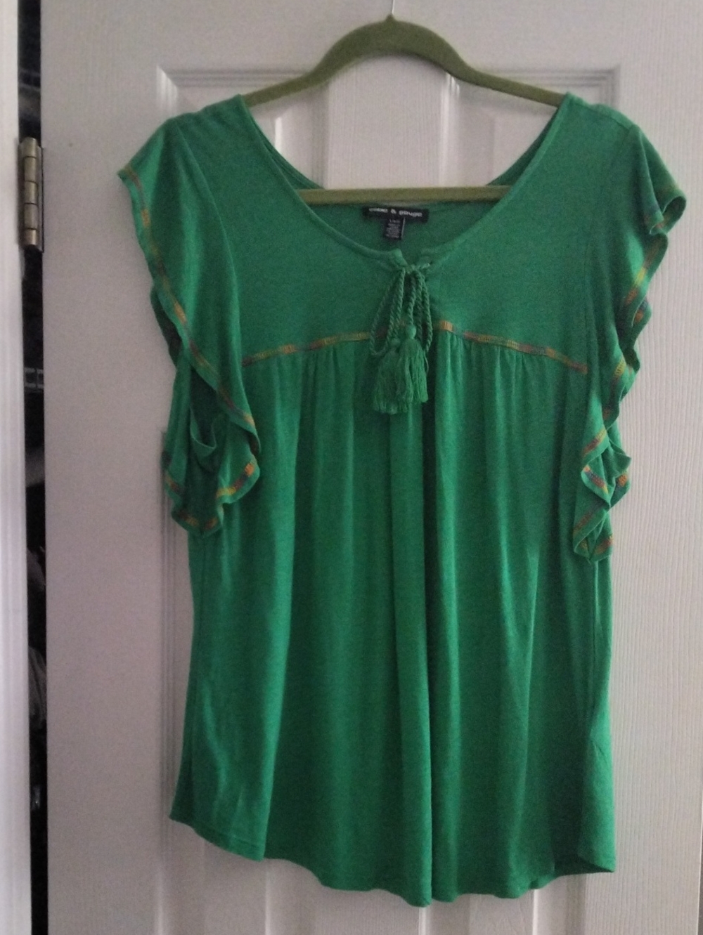 Cable & Gauge Green Tassel Ruffle Sleeve Blouse